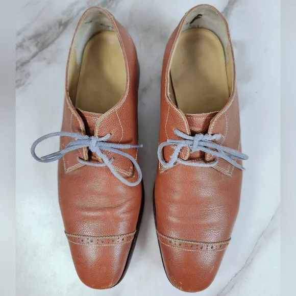 Awl &amp; Sundry Handcrafted Cognac Leather Cap Toe Oxford Lace Up Dress Shoes, 9.5