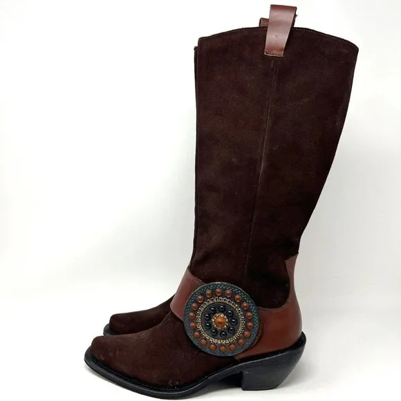 Baci Phoenix Brown Suede Leather Boots Medallion Western Women’s Size 6.5