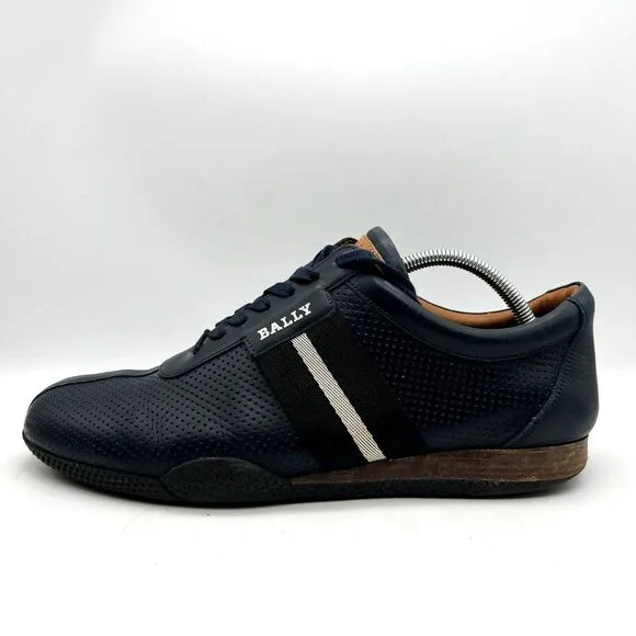Bally Frenz Leather Lace-Up Sneakers Shoes Perforated Size US 11 Navy‎ Blue