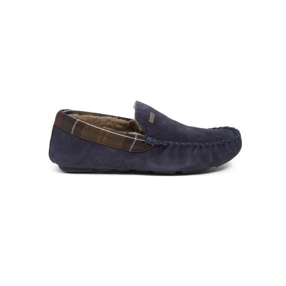 BARBOUR Mens Navy Contrast Plaid Monty Toe Slip On Leather Slippers Shoes 7
