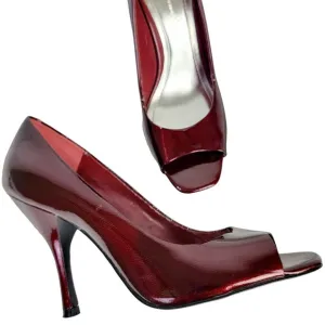 BCBG Patent Leather Peep Toe Heels Women 9 Ruby Red Stiletto Pumps Sandals Shoes