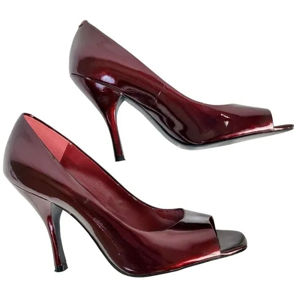 BCBG Patent Leather Peep Toe Heels Women 9 Ruby Red Stiletto Pumps Sandals Shoes