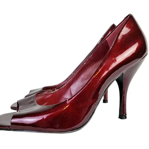 BCBG Patent Leather Peep Toe Heels Women 9 Ruby Red Stiletto Pumps Sandals Shoes
