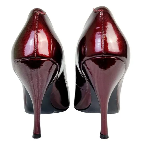 BCBG Patent Leather Peep Toe Heels Women 9 Ruby Red Stiletto Pumps Sandals Shoes