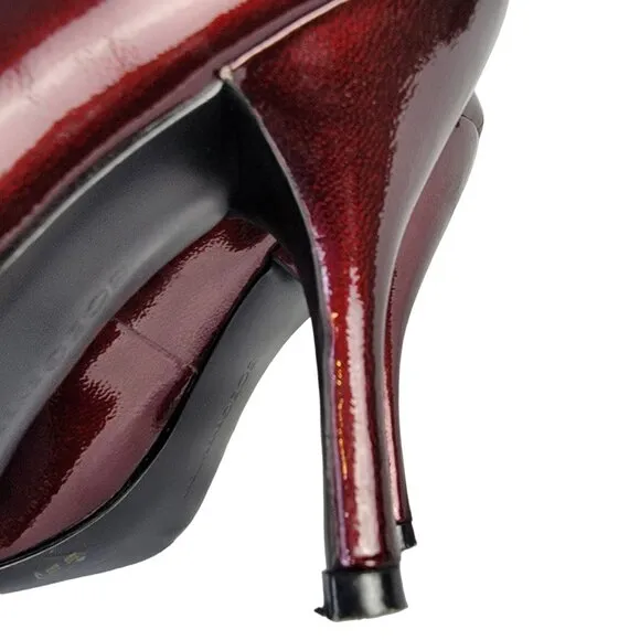 BCBG Patent Leather Peep Toe Heels Women 9 Ruby Red Stiletto Pumps Sandals Shoes