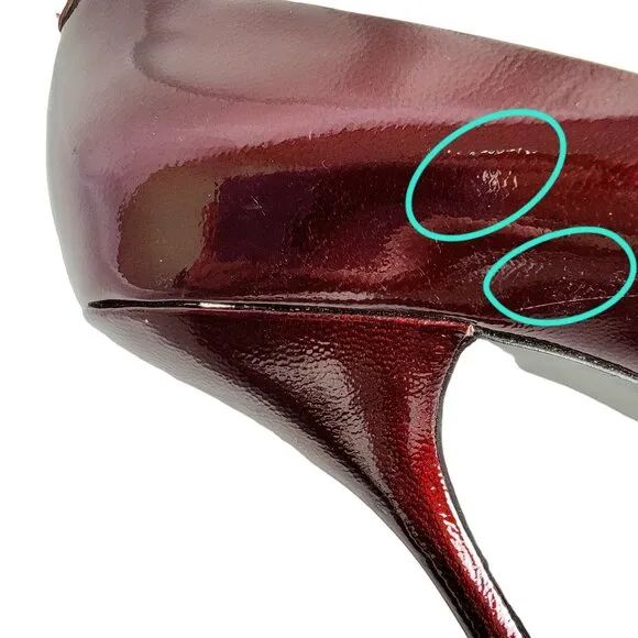 BCBG Patent Leather Peep Toe Heels Women 9 Ruby Red Stiletto Pumps Sandals Shoes