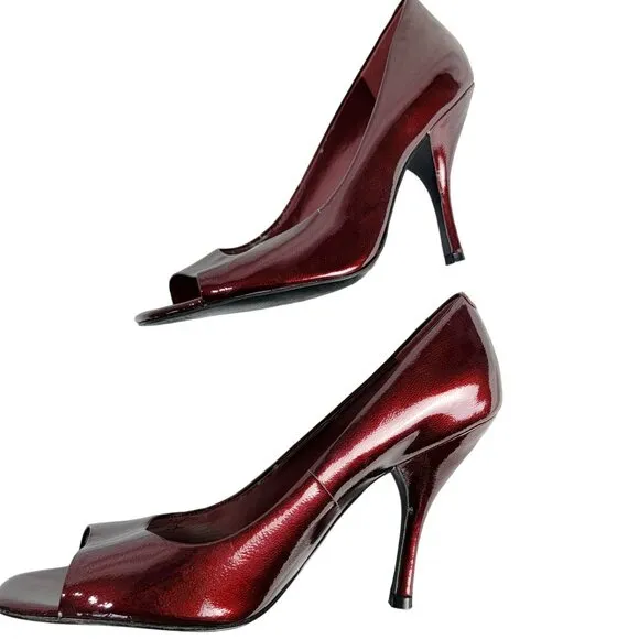 BCBG Patent Leather Peep Toe Heels Women 9 Ruby Red Stiletto Pumps Sandals Shoes