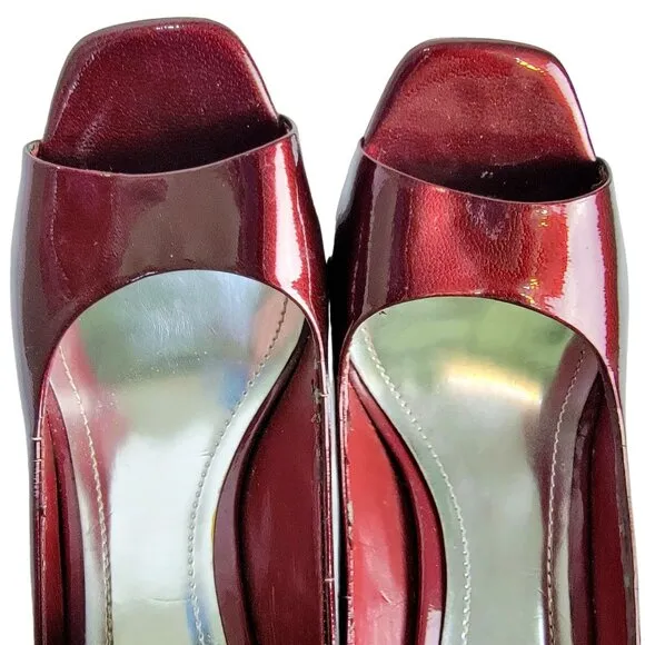 BCBG Patent Leather Peep Toe Heels Women 9 Ruby Red Stiletto Pumps Sandals Shoes