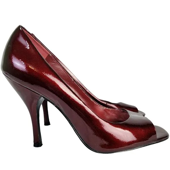 BCBG Patent Leather Peep Toe Heels Women 9 Ruby Red Stiletto Pumps Sandals Shoes