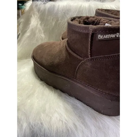 Bearpaw Womens Short Brown Suede Winter Boots With Plush Fleece Lining Size 10