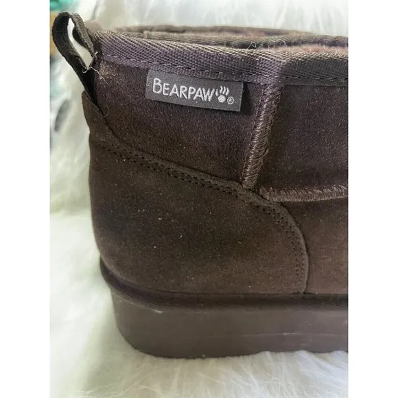 Bearpaw Womens Short Brown Suede Winter Boots With Plush Fleece Lining Size 10