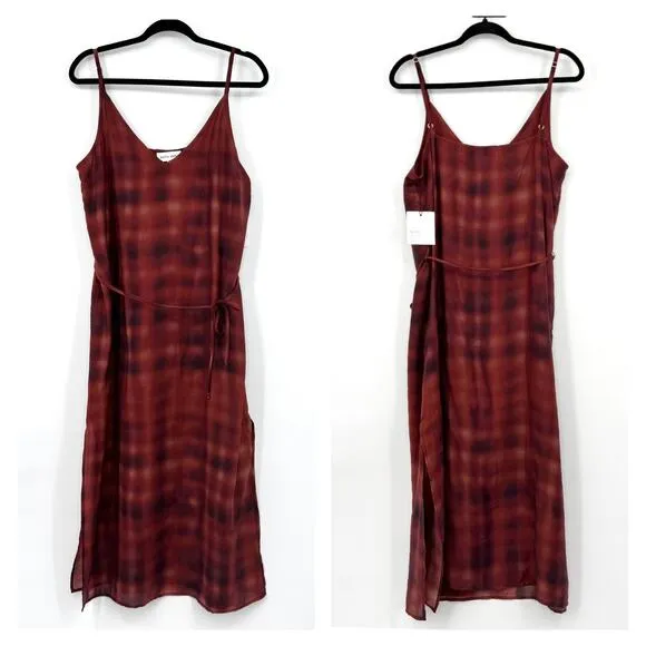 Bella Dahl NWT V-Neck Cami Slip Dress Sz L Red Plaid TENCEL Made in USA $196