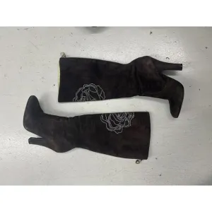Betsey Johnson Leather Brown Knee-High Boots w Rose Detail