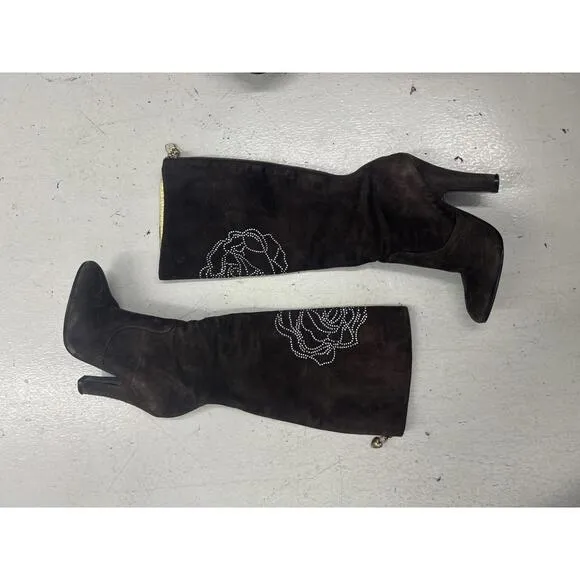 Betsey Johnson Leather Brown Knee-High Boots w Rose Detail