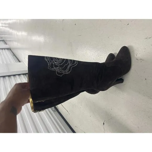 Betsey Johnson Leather Brown Knee-High Boots w Rose Detail