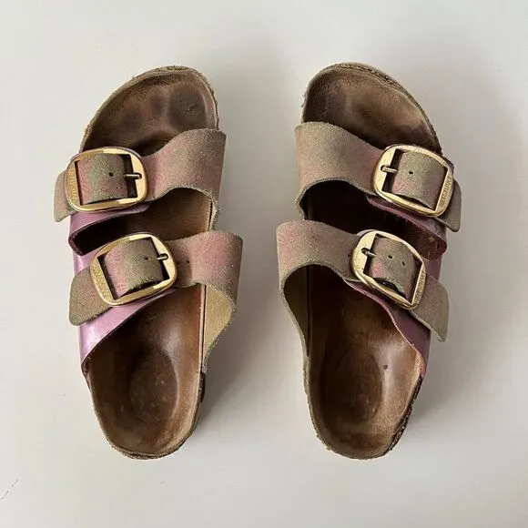 Birkenstock Arizona Big Buckle Washed Metallic Rose Two Strap Sandals 37 Narrow
