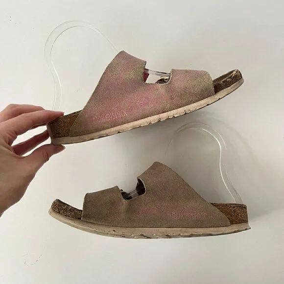Birkenstock Arizona Big Buckle Washed Metallic Rose Two Strap Sandals 37 Narrow