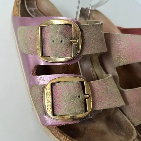 Birkenstock Arizona Big Buckle Washed Metallic Rose Two Strap Sandals 37 Narrow