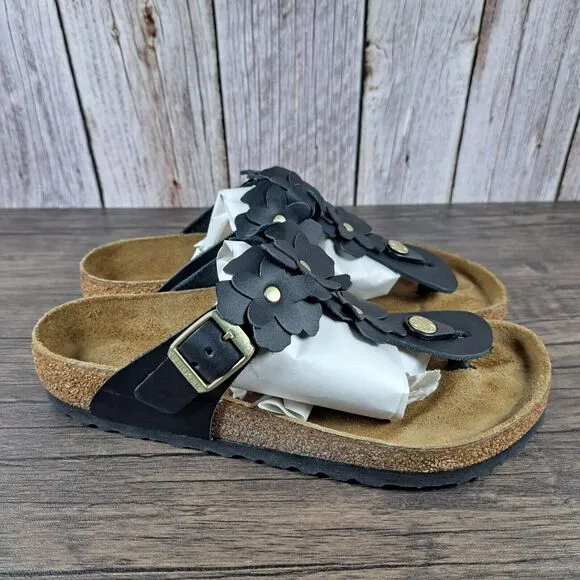 Birkenstock Gizeh Flower Leather Sandals Women's Sz 5 EU36 Black (VGC)
