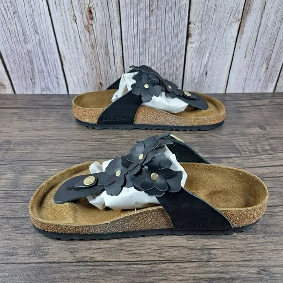 Birkenstock Gizeh Flower Leather Sandals Women's Sz 5 EU36 Black (VGC)