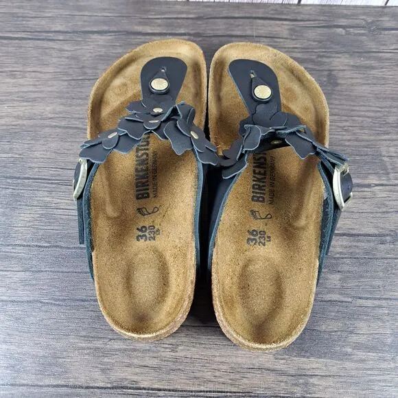 Birkenstock Gizeh Flower Leather Sandals Women's Sz 5 EU36 Black (VGC)