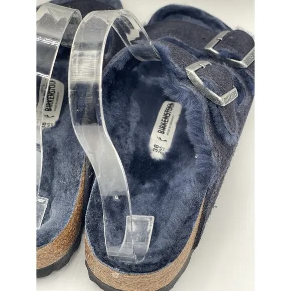 Birkenstock Sandals Arizona Shearling Blue Suede Leather Vacay Shoes Sz 38 US 7