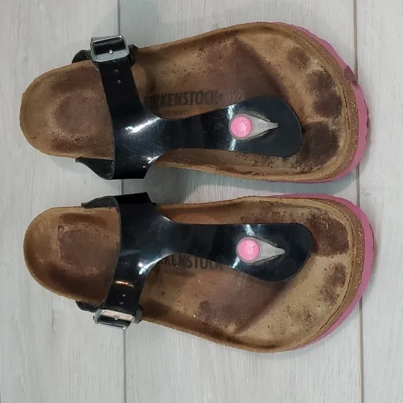 Birkenstock Women Gizeh Leather Black Pink Sandals Flats Birko  shoes sz 7