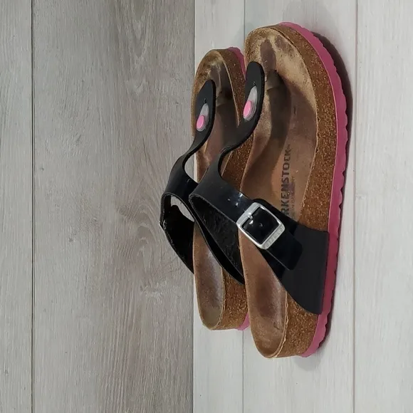 Birkenstock Women Gizeh Leather Black Pink Sandals Flats Birko  shoes sz 7