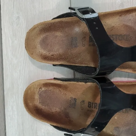 Birkenstock Women Gizeh Leather Black Pink Sandals Flats Birko  shoes sz 7