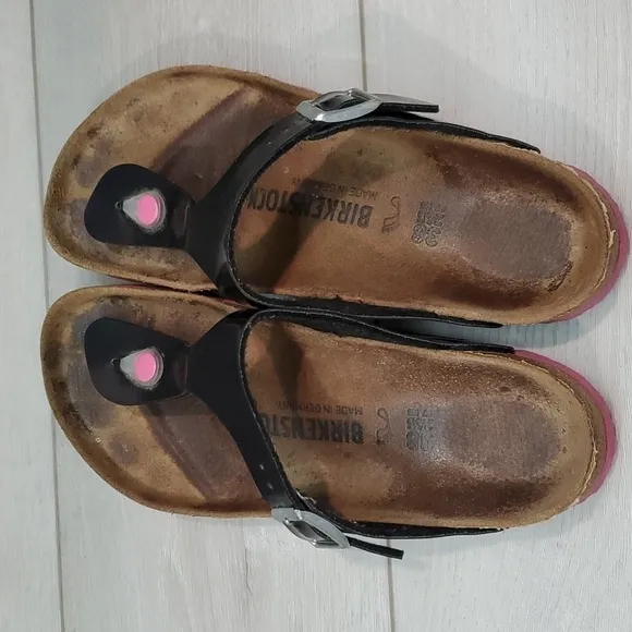 Birkenstock Women Gizeh Leather Black Pink Sandals Flats Birko  shoes sz 7