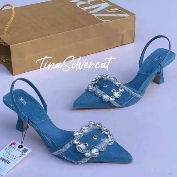BLOGGER'S FAVE! Zara Buckled Denim Slingback Shoes Heels Blue NWT