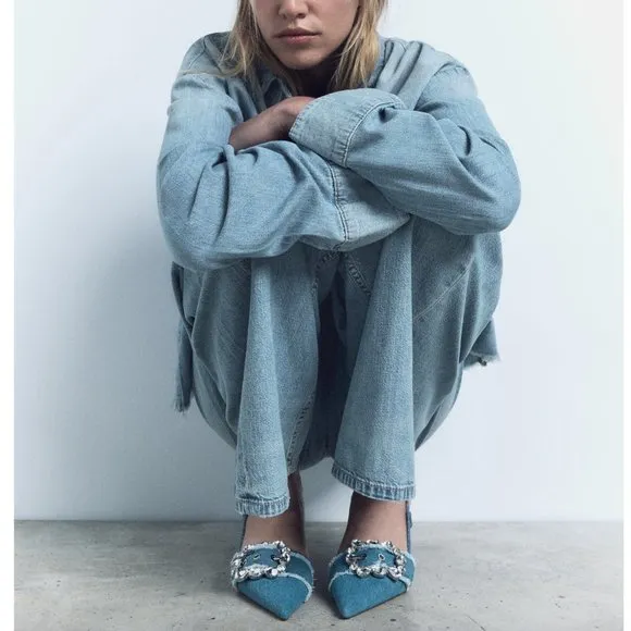 BLOGGER'S FAVE! Zara Buckled Denim Slingback Shoes Heels Blue NWT