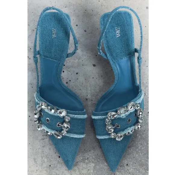 BLOGGER'S FAVE! Zara Buckled Denim Slingback Shoes Heels Blue NWT
