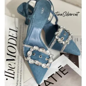 BLOGGER'S FAVE! Zara Buckled Denim Slingback Shoes Heels Blue NWT