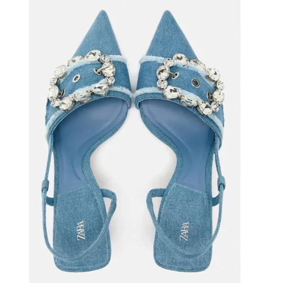 BLOGGER'S FAVE! Zara Buckled Denim Slingback Shoes Heels Blue NWT