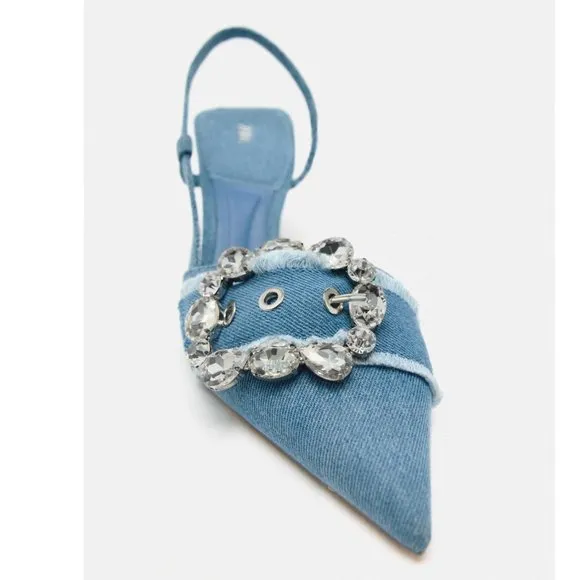 BLOGGER'S FAVE! Zara Buckled Denim Slingback Shoes Heels Blue NWT