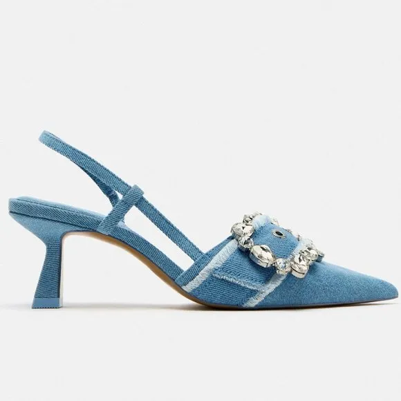 BLOGGER'S FAVE! Zara Buckled Denim Slingback Shoes Heels Blue NWT