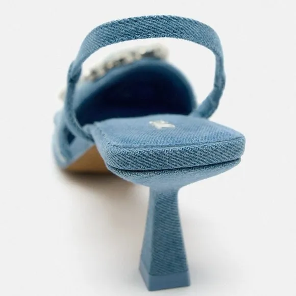 BLOGGER'S FAVE! Zara Buckled Denim Slingback Shoes Heels Blue NWT