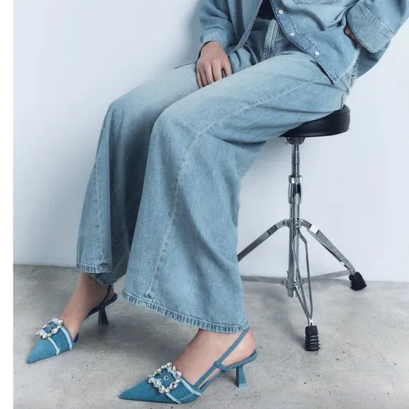 BLOGGER'S FAVE! Zara Buckled Denim Slingback Shoes Heels Blue NWT