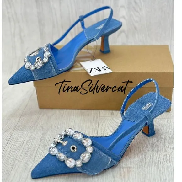 BLOGGER'S FAVE! Zara Buckled Denim Slingback Shoes Heels Blue NWT