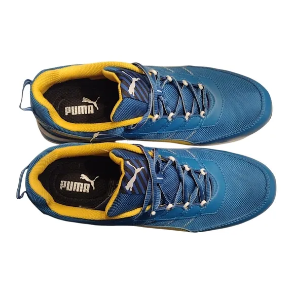 BNWOT PUMA® Safety Kickflip Low SD Composite Toe Shoe, 12, Blue/White/Yellow