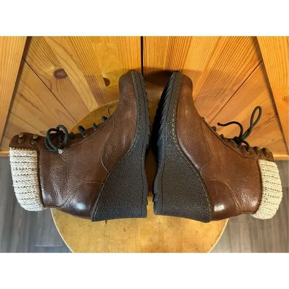 B.O.C Size 6.5 Brown Leather Slip on Tie Wedge Bootie Boots