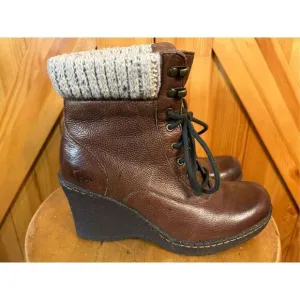 B.O.C Size 6.5 Brown Leather Slip on Tie Wedge Bootie Boots