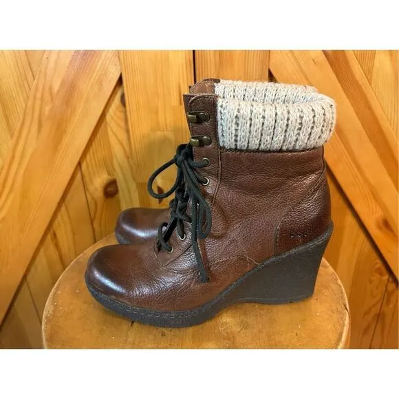 B.O.C Size 6.5 Brown Leather Slip on Tie Wedge Bootie Boots