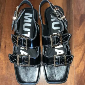 BRAND NEW MUTMA Free People KAITA Black Waxed Leather Buckle Sandals / Shoes (8)
