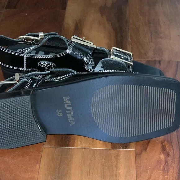 BRAND NEW MUTMA Free People KAITA Black Waxed Leather Buckle Sandals / Shoes (8)