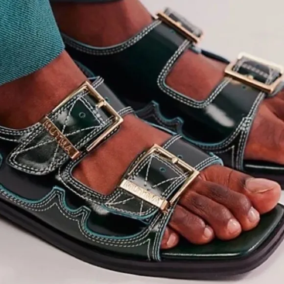 BRAND NEW MUTMA Free People KAITA Black Waxed Leather Buckle Sandals / Shoes (8)