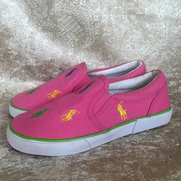Brand New Polo Ralph Lauren Girls Pink Multicolor Pony Canvas Slip On Sneakers