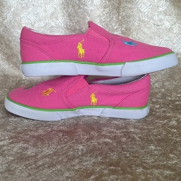 Brand New Polo Ralph Lauren Girls Pink Multicolor Pony Canvas Slip On Sneakers