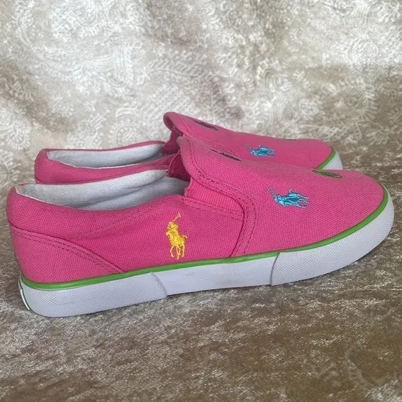 Brand New Polo Ralph Lauren Girls Pink Multicolor Pony Canvas Slip On Sneakers